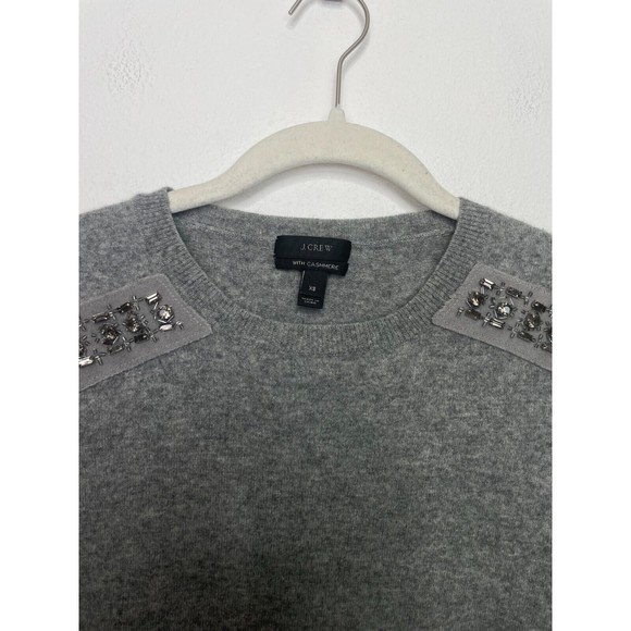 J. Crew  XS Sweater Gray Jeweled-Shoulder Cashmere Knit Pullover Crewneck - Picture 7 of 16